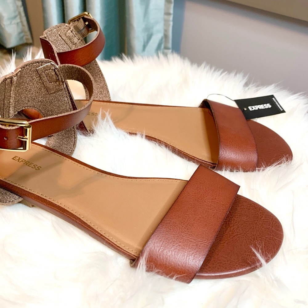 Express Cognac/Brown Flat Ankle Strap Sandals